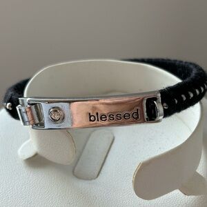 Blessed clip bracelet / silver tone / black fabric/ metal studs / size 6…